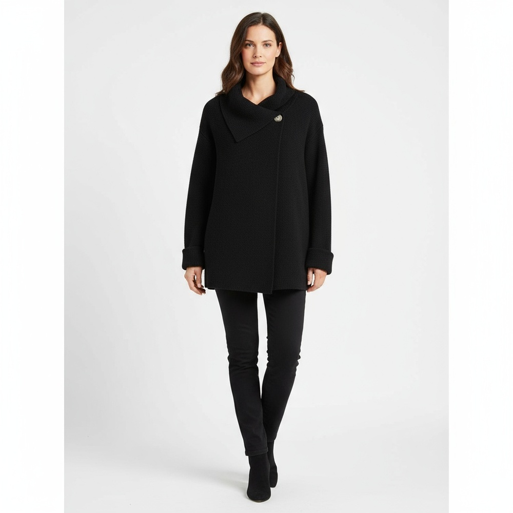 Ann Taylor Sweater Jacket Women's XL Black Cowl Neck‎ Button Knit Warm Casual